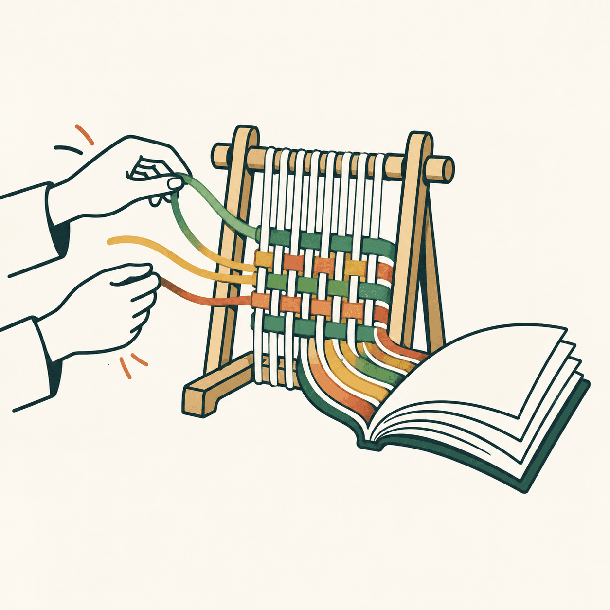 Due mani intrecciano fili colorati su un telaio che si trasforma nelle pagine di un libro, metafora della parola testo.