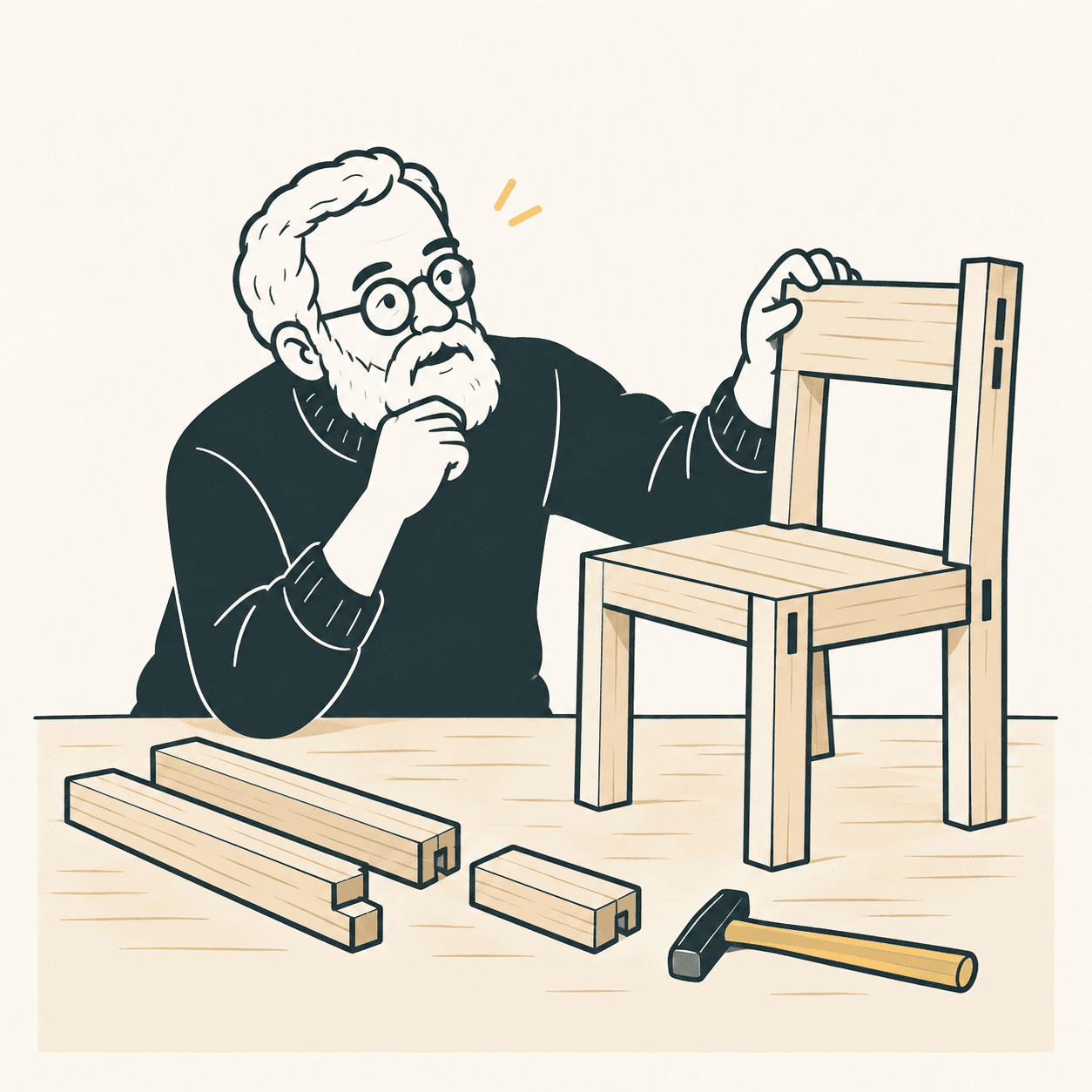 Interpretazione illustrata di Enzo Mari con barba bianca e occhiali, davanti a un tavolo con assi, martello e una sedia generica in legno: non è la replica di un suo progetto.