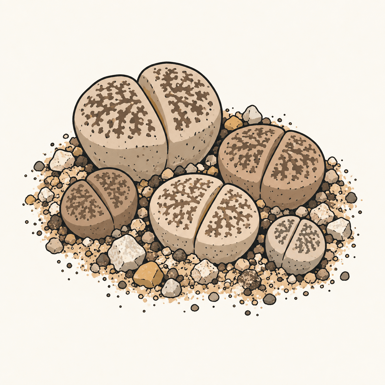 Piccoli Lithops fra sassi, con coppie di foglie carnose color sabbia, fessure centrali e superfici superiori punteggiate.