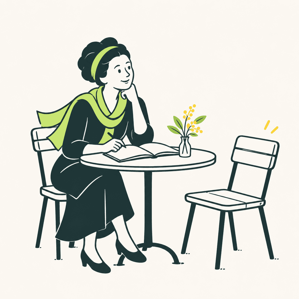 Interpretazione illustrata di Simone de Beauvoir con capelli raccolti e fascia, accanto a un tavolo e a due sedie rivolte al dialogo.