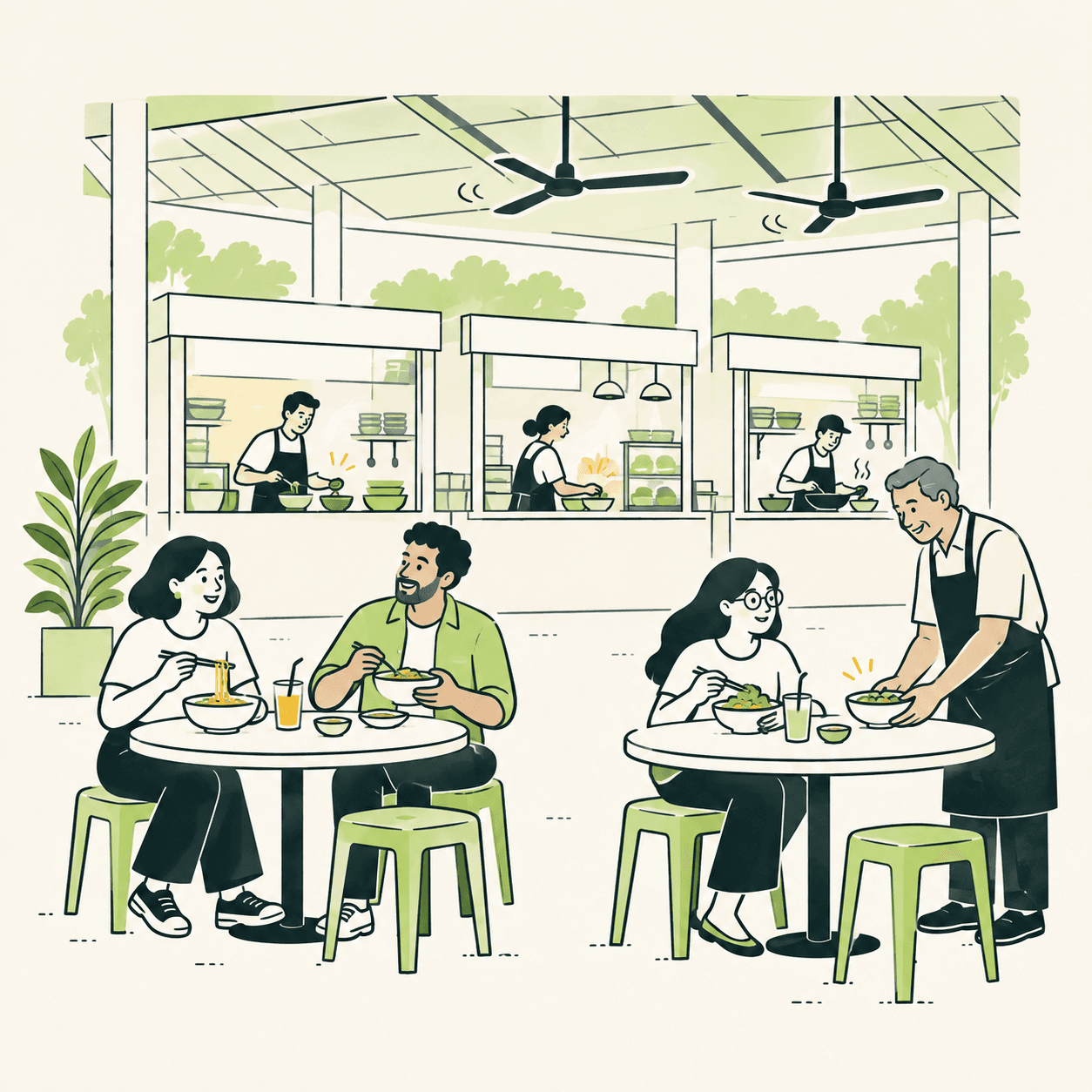 Interpretazione di un hawker centre di Singapore: persone adulte mangiano a tavoli condivisi davanti a piccoli banchi di cucina, in un ambiente aperto e coperto.
