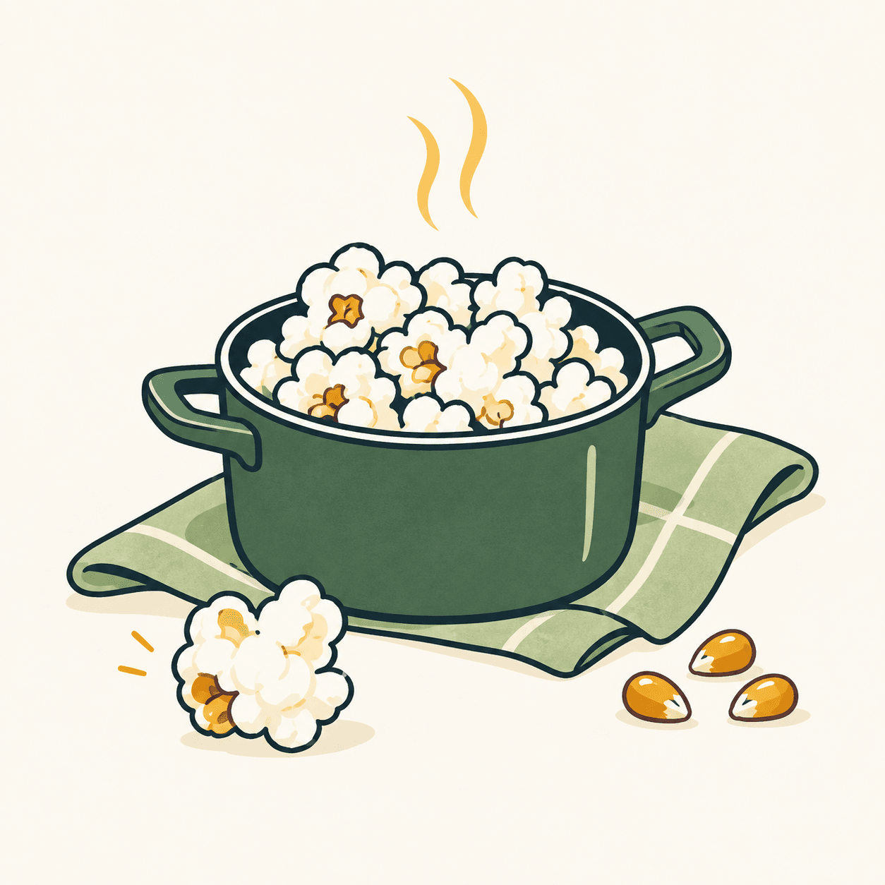 Illustrazione editoriale di una pentola con manici piena di popcorn, accanto a chicchi di mais non scoppiati e a un pezzo di popcorn espanso.