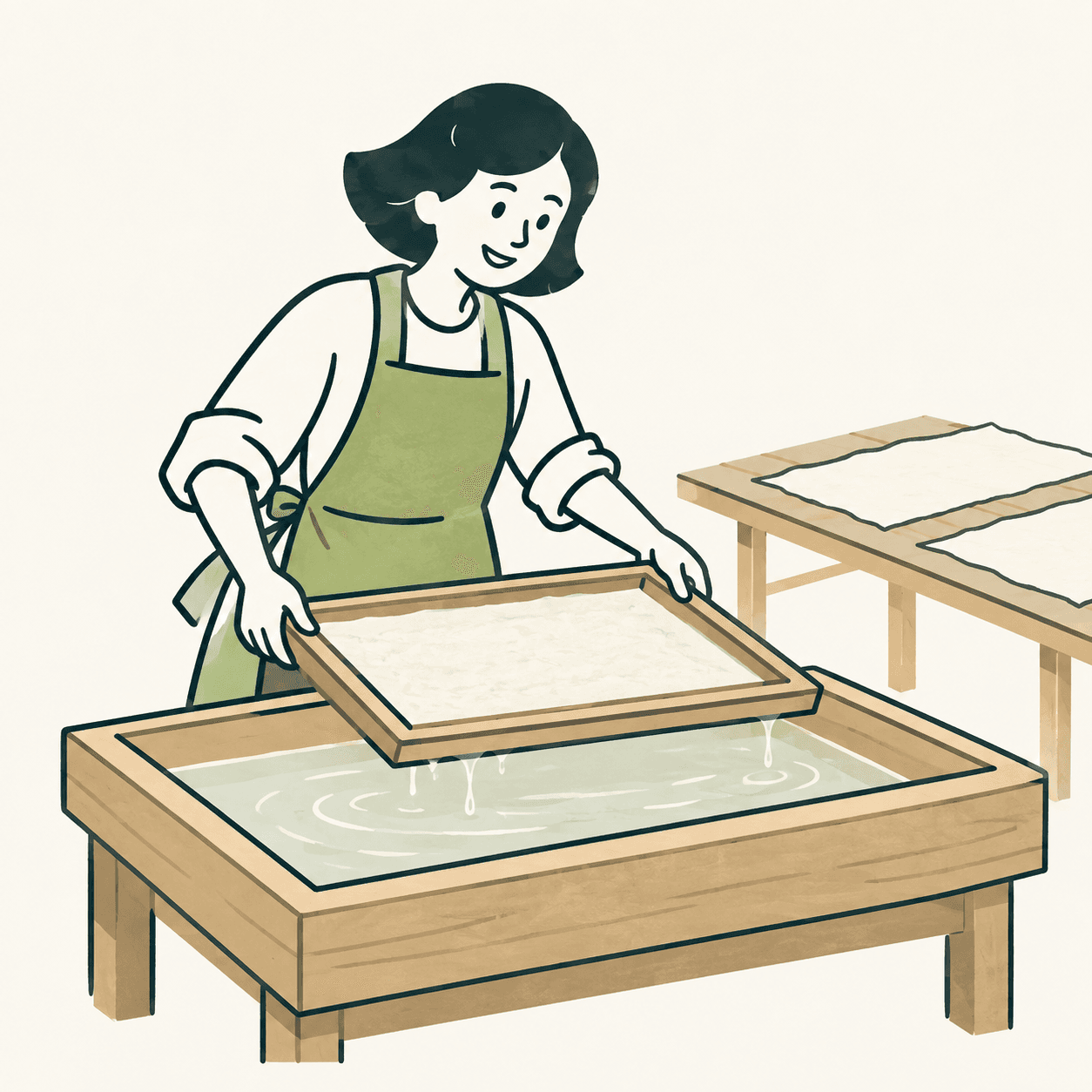 Interpretazione editoriale di una donna in grembiule verde che solleva un telaio rettangolare da una vasca per formare carta washi, con fogli sul tavolo.