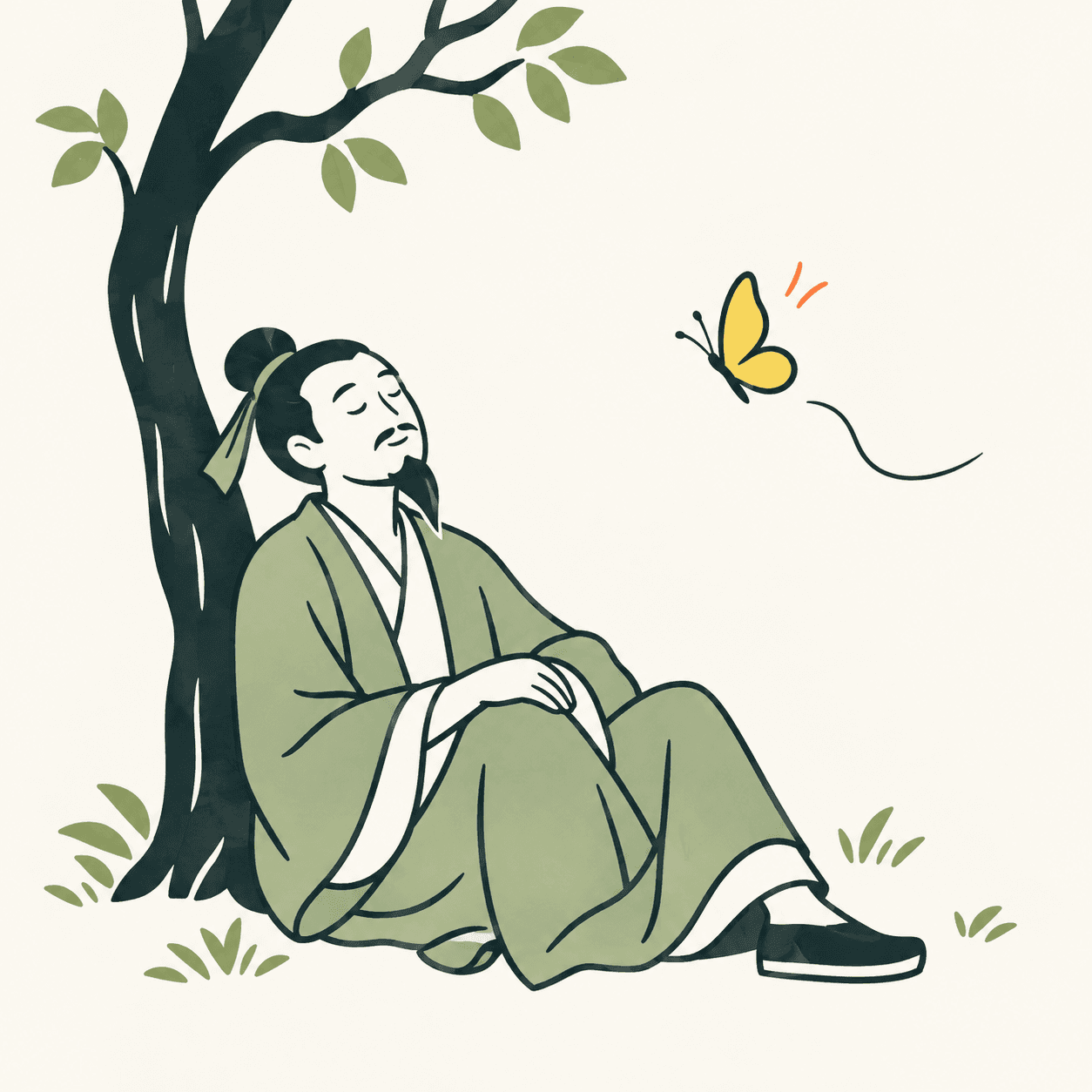 Interpretazione immaginaria di Zhuangzi seduto sotto un albero a occhi chiusi, con una farfalla accanto: non un ritratto storico documentato.