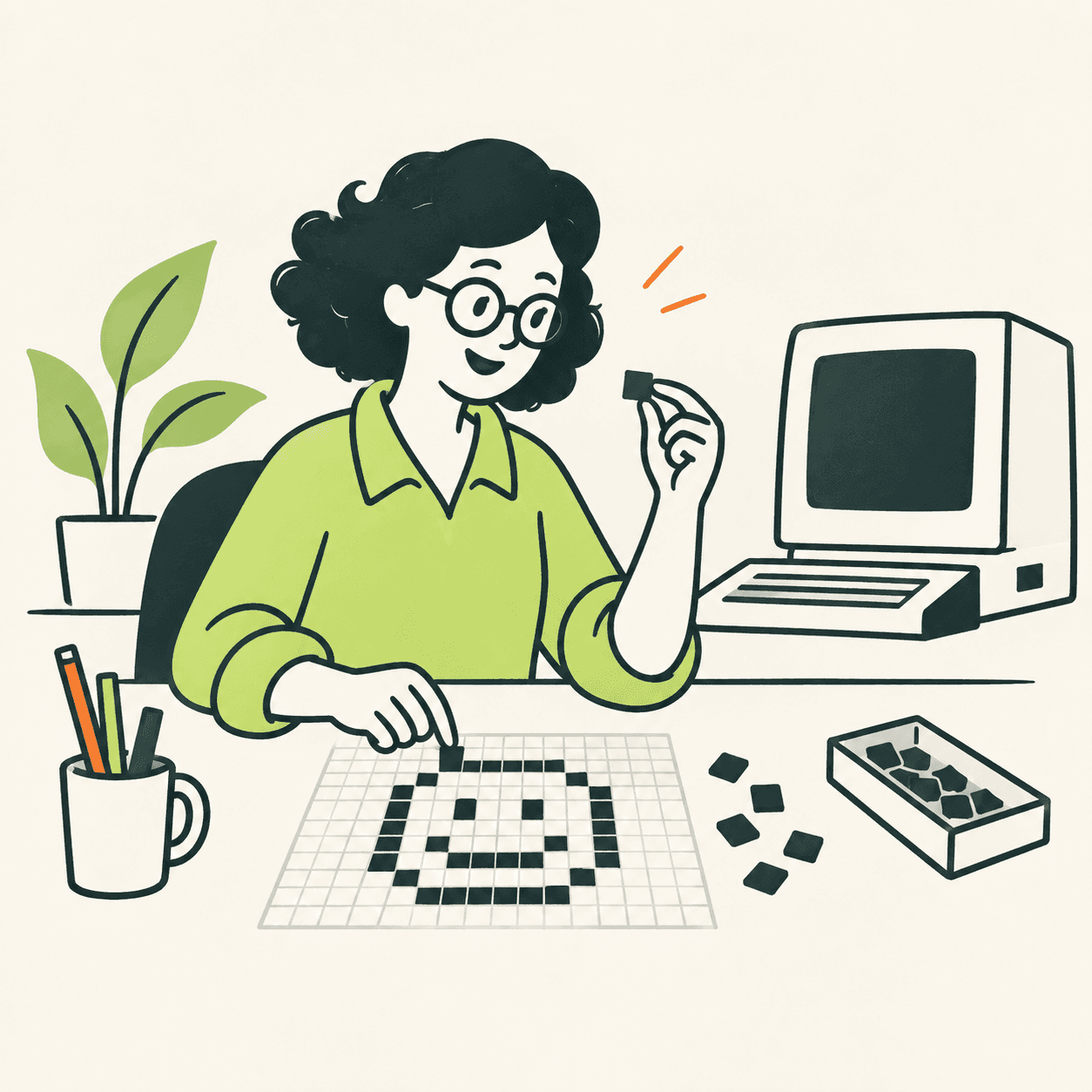 Una designer immaginaria con ricci e occhiali compone un sorriso su una griglia: metafora editoriale, non ritratto di Susan Kare.