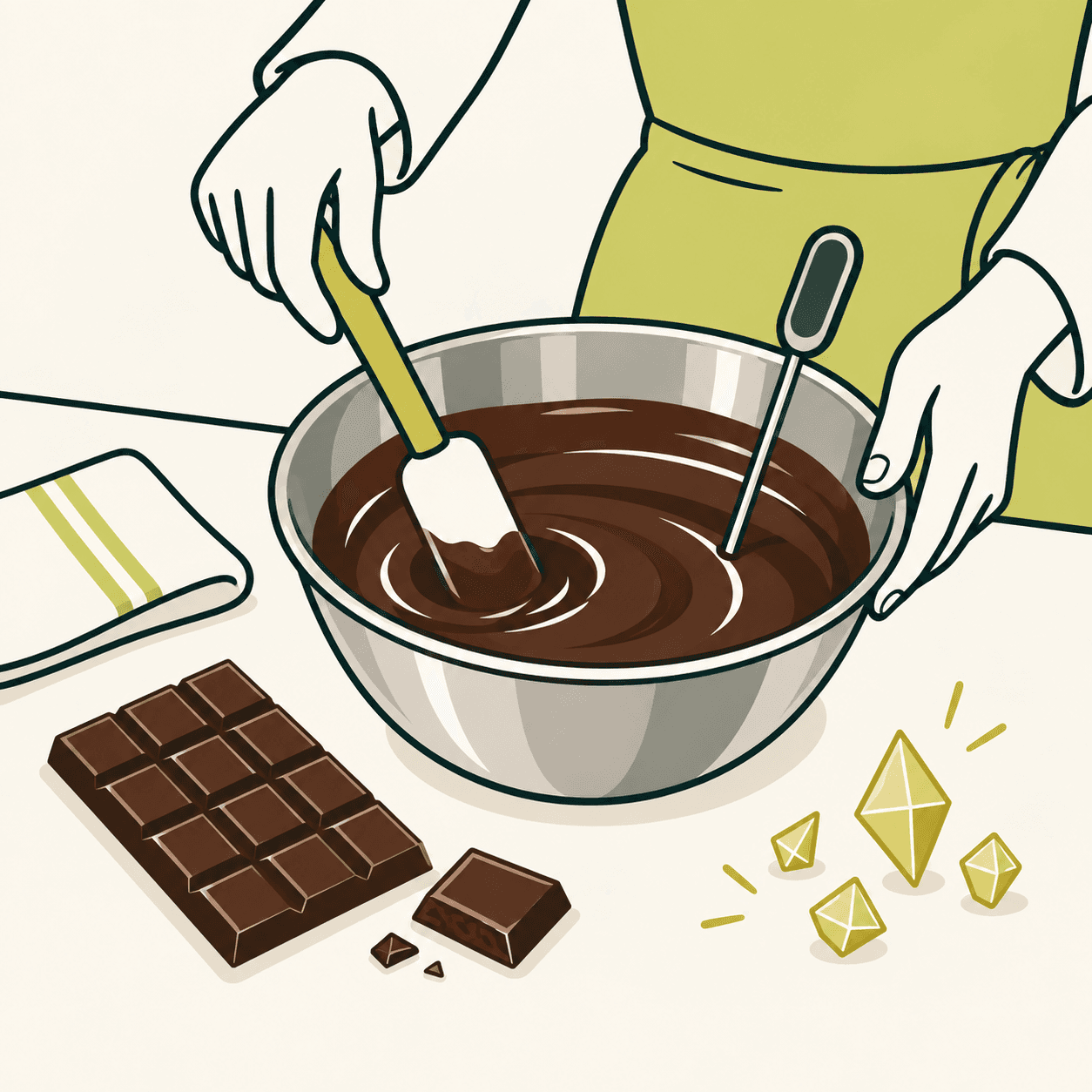 Ciotola di cioccolato, spatola, termometro senza numeri e tavoletta lucida spezzata; piccoli elementi geometrici rappresentano l’ordine dei cristalli.