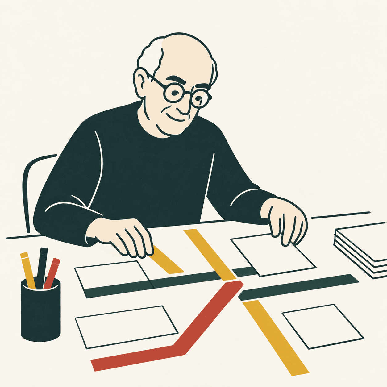 Interpretazione illustrata di Massimo Vignelli al tavolo, con linee colorate e punti in uno schema di trasporto immaginario.