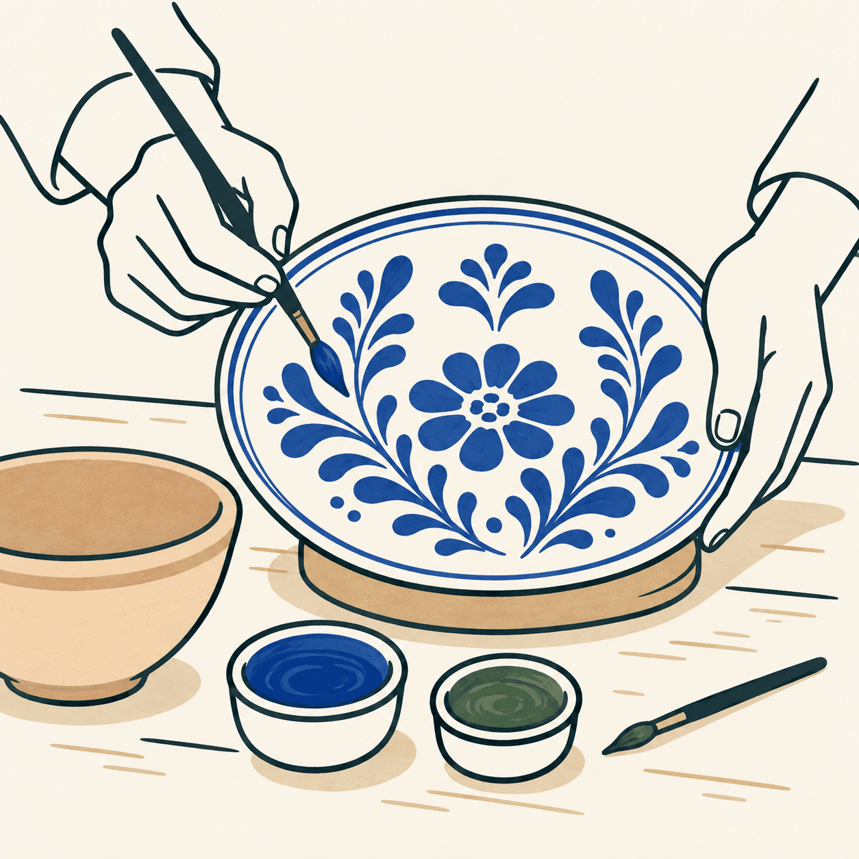 Mani di una persona decorano un piatto con motivi floreali blu, accanto a pennelli e ciotole di colore.
