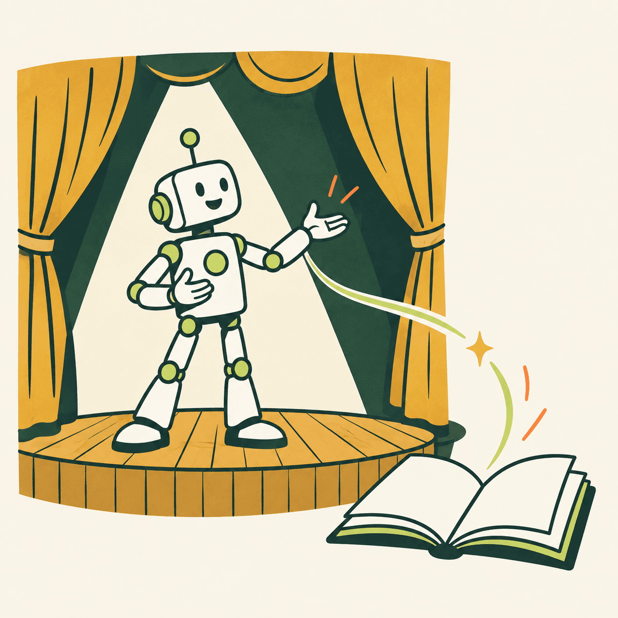 Un piccolo robot immaginario su un palco accanto a un libro aperto senza scritte: metafora del viaggio della parola dal teatro alla tecnologia.