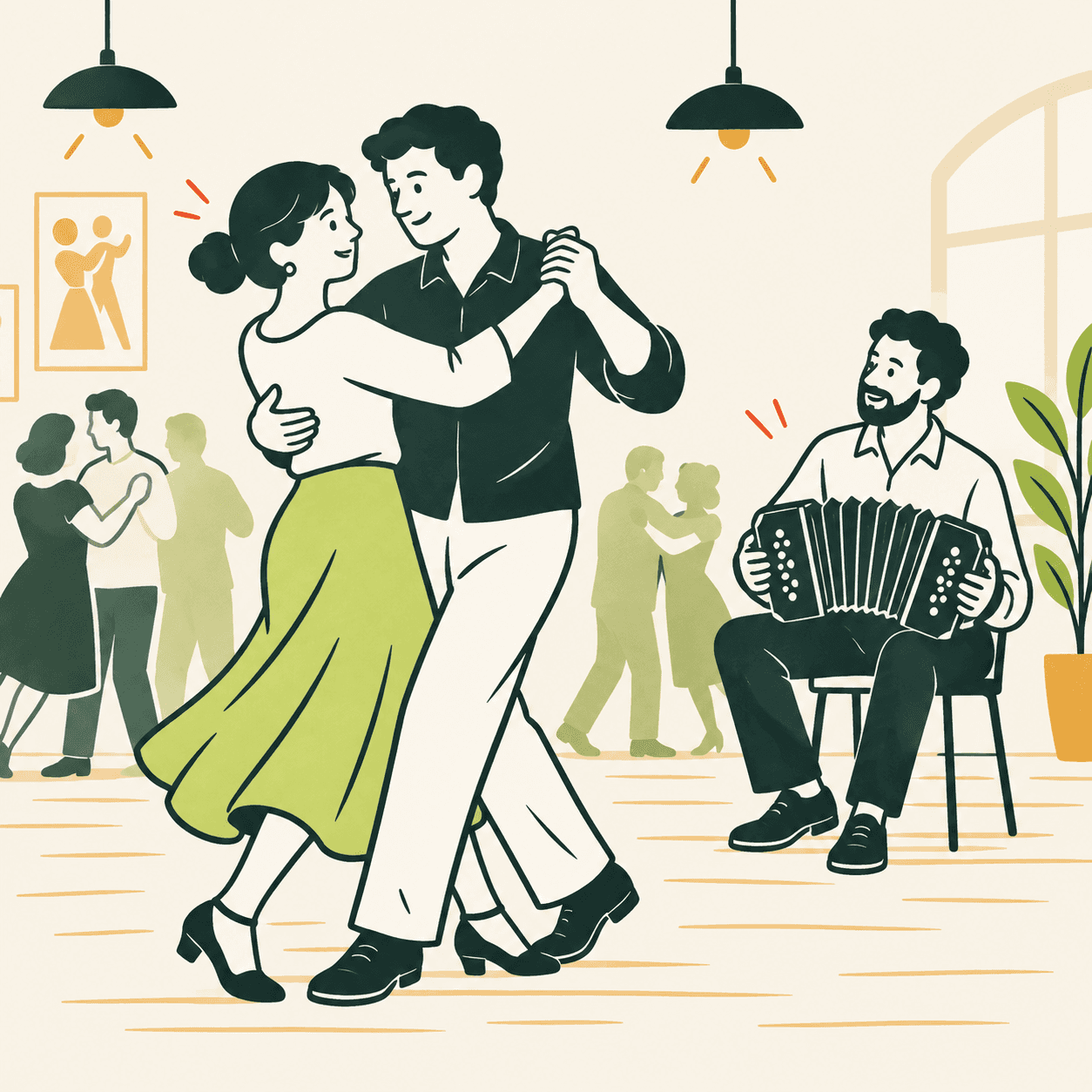 Due adulti ballano un tango con passi contenuti, accompagnati da una persona seduta che suona il bandoneón