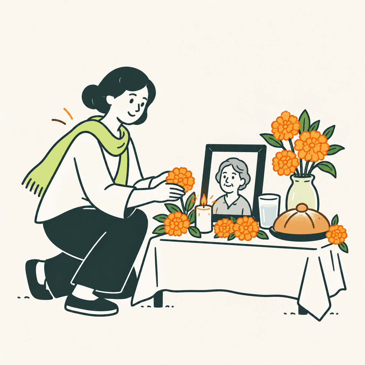 Una donna dispone fiori arancioni su una piccola ofrenda con un ritratto anonimo, una candela, acqua e pane; la scena non rappresenta una famiglia reale.