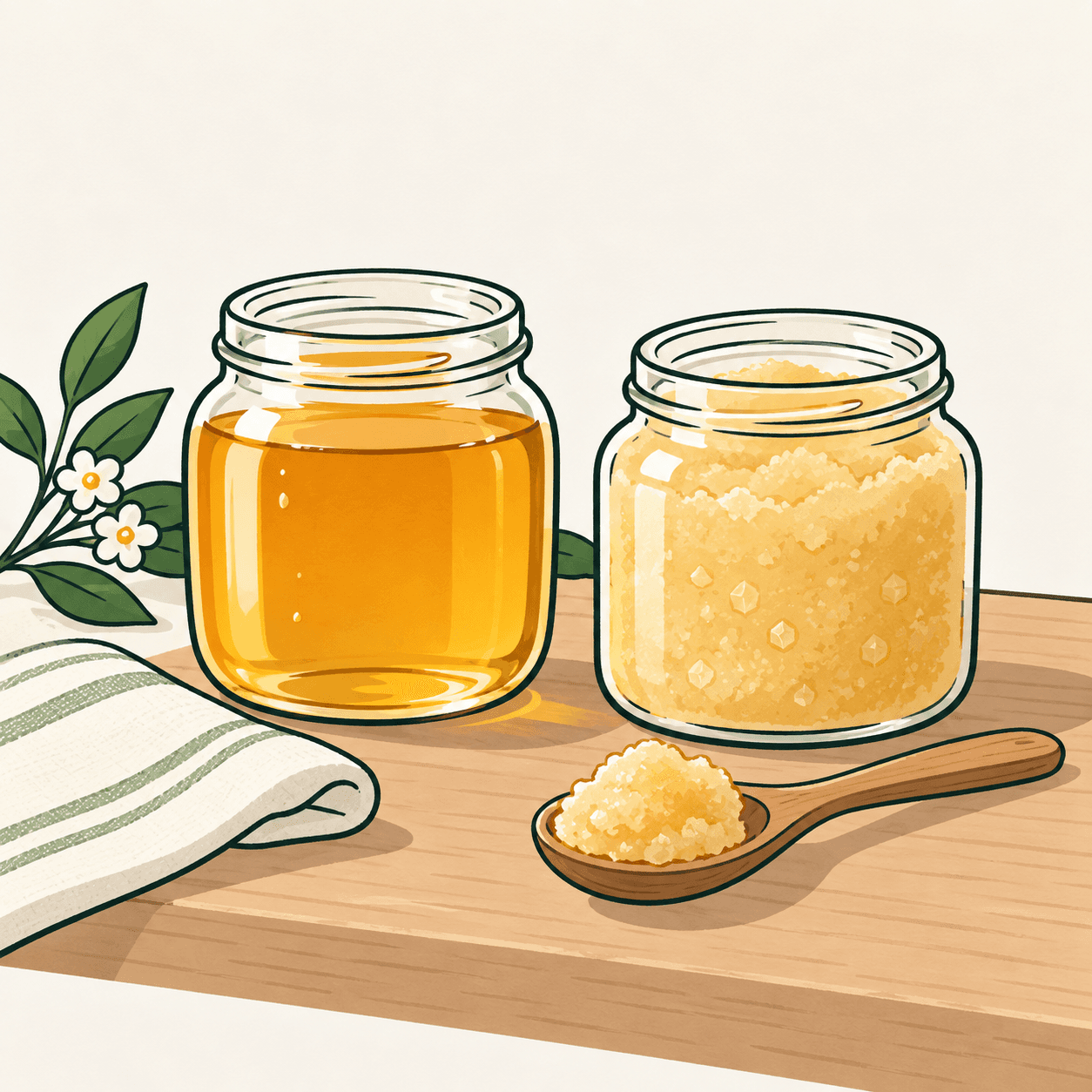 Due vasetti di miele affiancati, uno liquido e uno con piccoli cristalli visibili, senza etichette o indicazioni sanitarie.