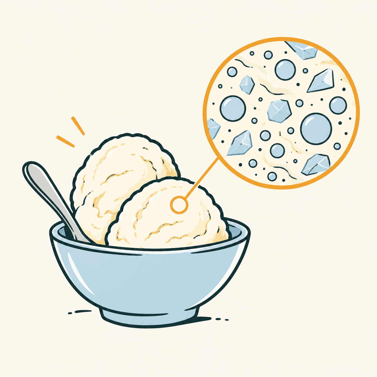 Coppetta di gelato con un ingrandimento schematico di bolle d’aria e cristalli; immagine editoriale non in scala.