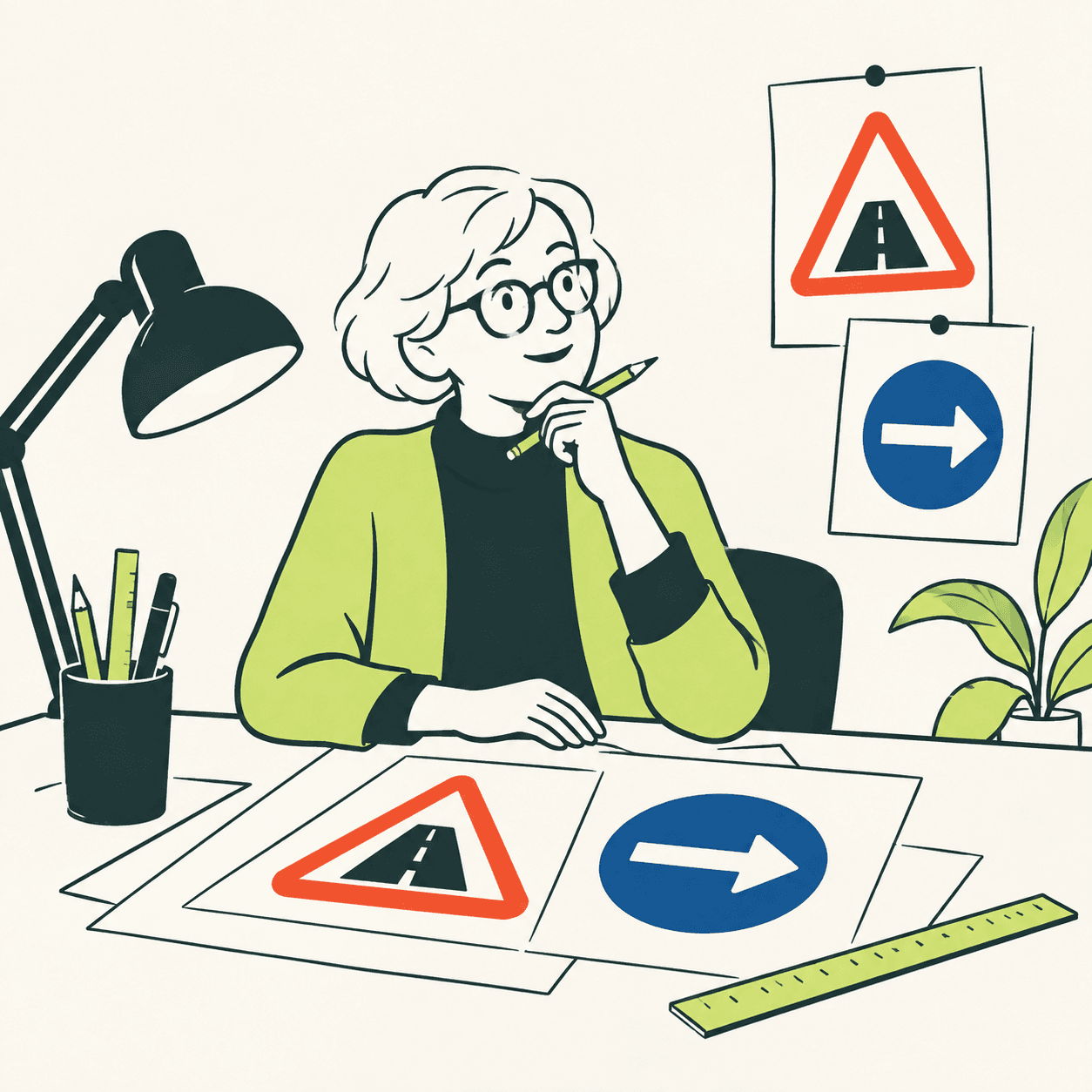 Interpretazione editoriale di Margaret Calvert al tavolo con matita e studi di segnali generici: un triangolo con una strada e una freccia bianca su cerchio blu.