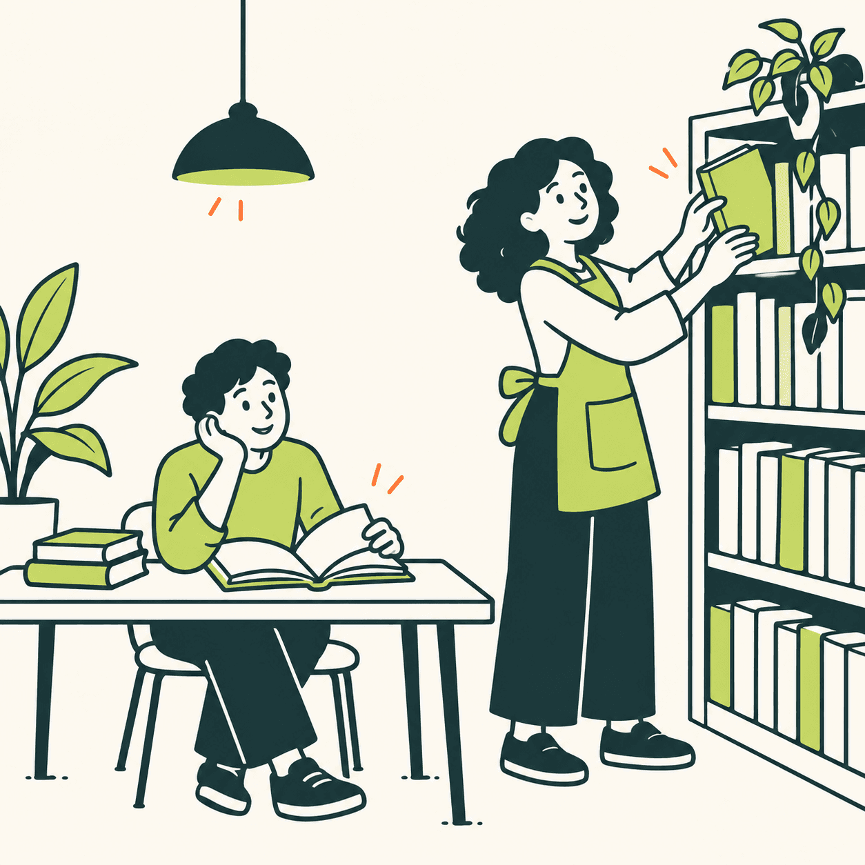Una persona legge al tavolo mentre un’altra sistema un libro verde sullo scaffale, in una biblioteca illustrata senza scritte.