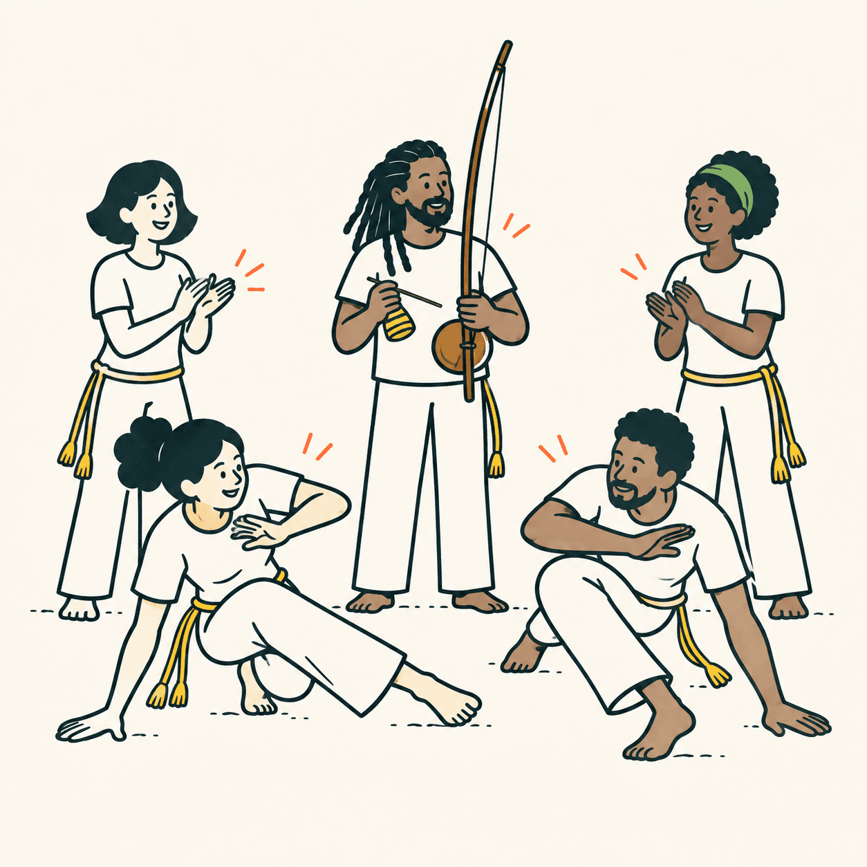 Interpretazione editoriale di una roda di capoeira: due adulti si muovono al centro, mentre altre persone accompagnano il gioco con musica e battiti di mani.