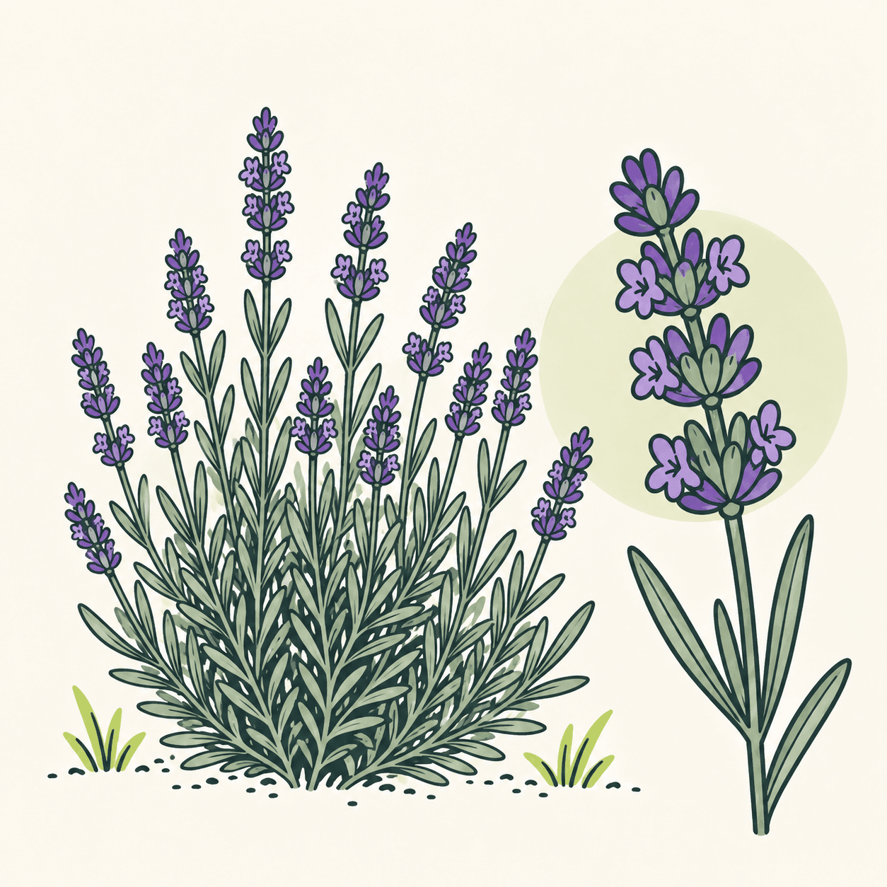 Illustrazione editoriale di Lavandula angustifolia con foglie strette grigioverdi e piccoli fiori viola raccolti in spighe su steli sottili.
