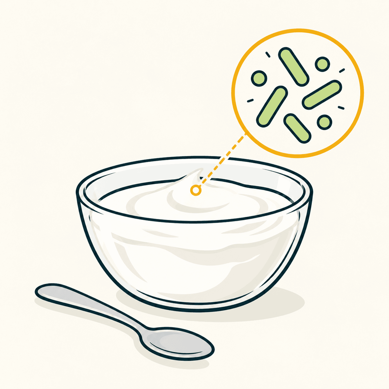 Metafora editoriale della trasformazione del latte in yogurt: una ciotola e piccole forme colorate che rappresentano microrganismi, non in scala.
