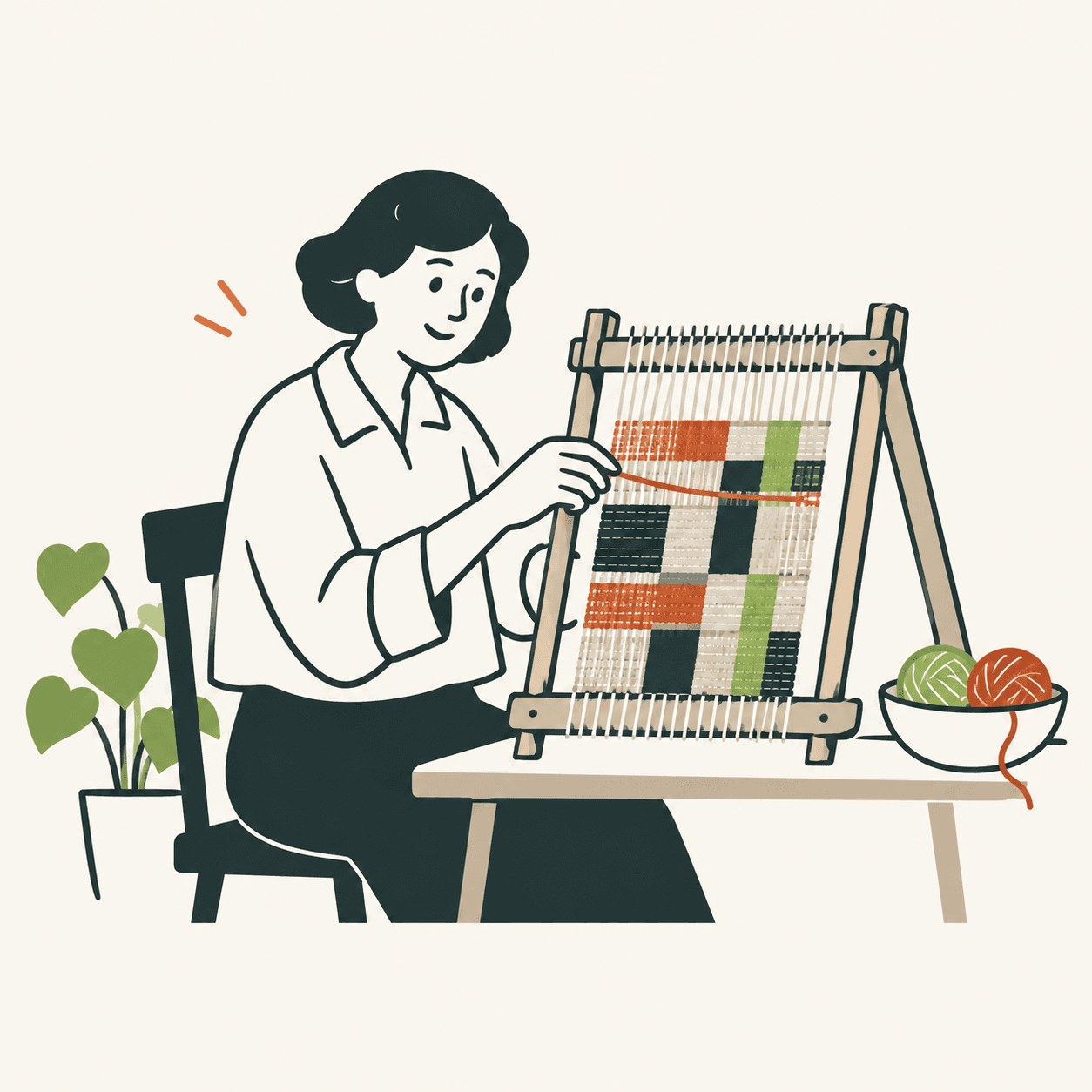 Interpretazione editoriale di Anni Albers al telaio con un tessuto geometrico immaginario, non la riproduzione di un’opera storica.