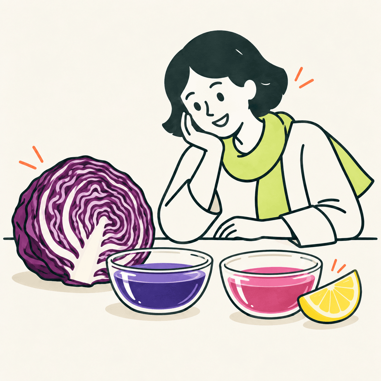 Illustrazione editoriale di mezzo cavolo rosso, limone e recipienti viola e rosa: confronto qualitativo dei colori, non scala di pH.