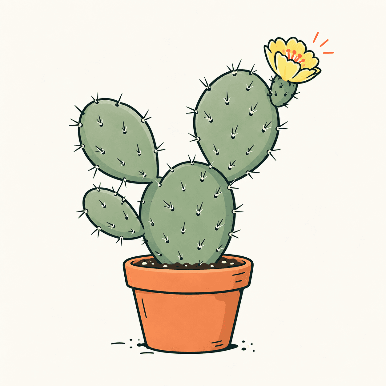 Illustrazione editoriale di un fico d’India con pale ovali grigio-verdi, areole e spine, e un fiore giallo; dettagli botanici semplificati.