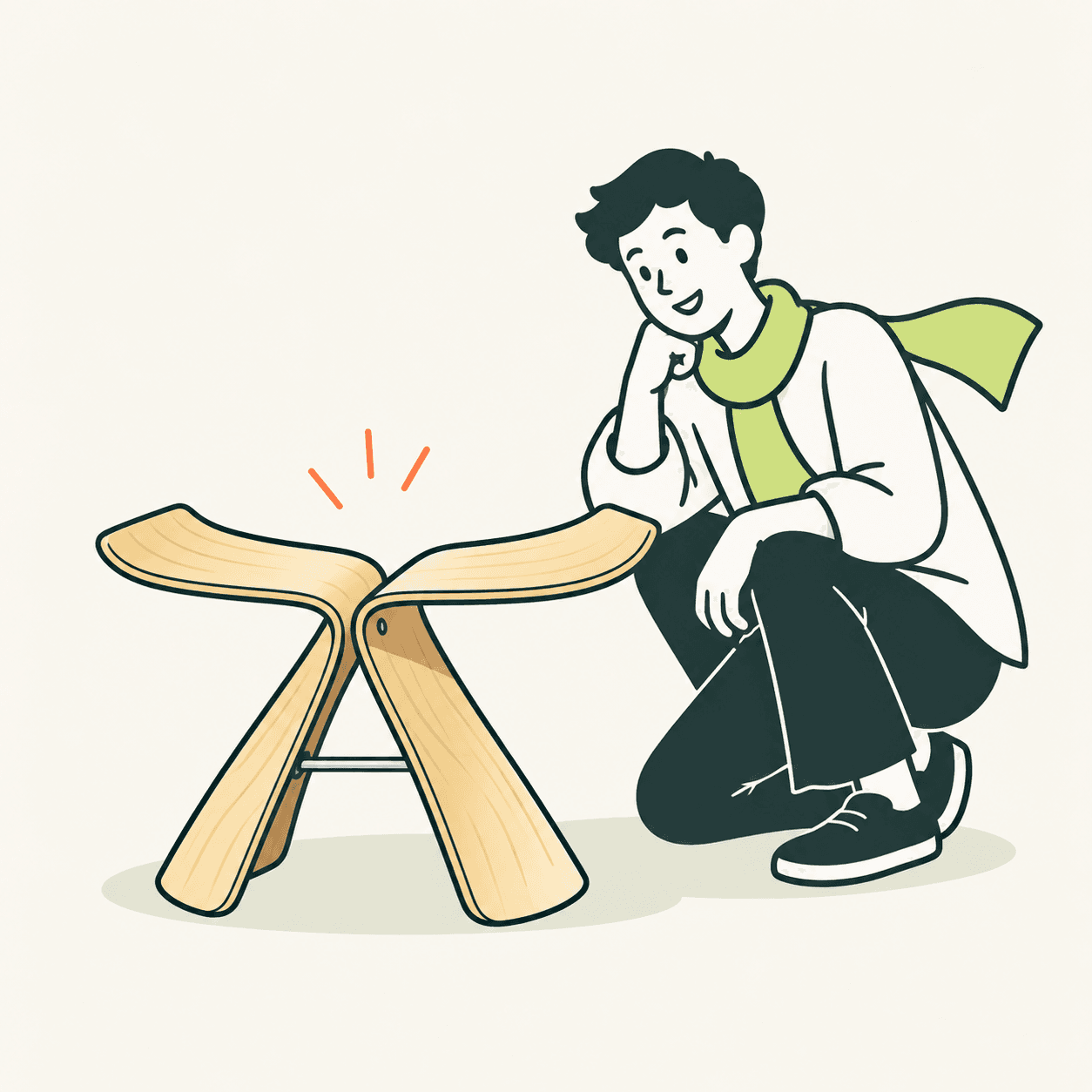 Interpretazione illustrata del Butterfly Stool: due gusci di legno curvi e una barra trasversale, osservati da un personaggio di fantasia.