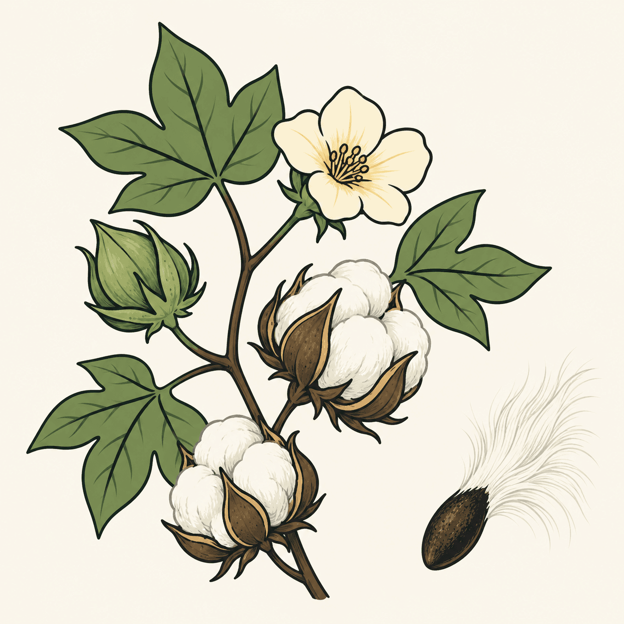 Ramo di cotone con foglie lobate, fiore chiaro a cinque petali, capsule chiuse e aperte con fibre bianche; un seme è mostrato ingrandito a parte.