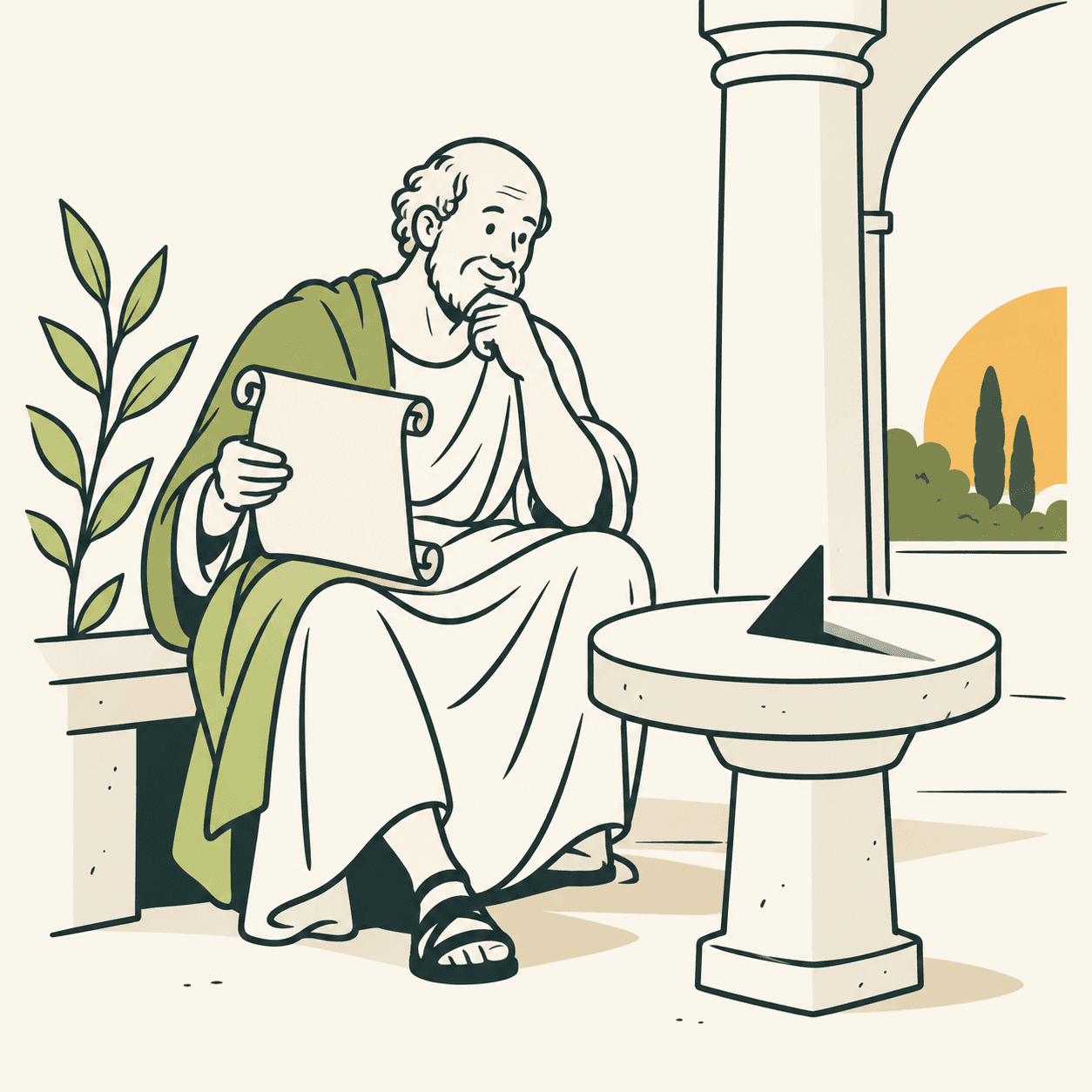 Interpretazione editoriale di Seneca in toga, con rotoli e una meridiana; scena immaginata, non ricostruzione documentaria.