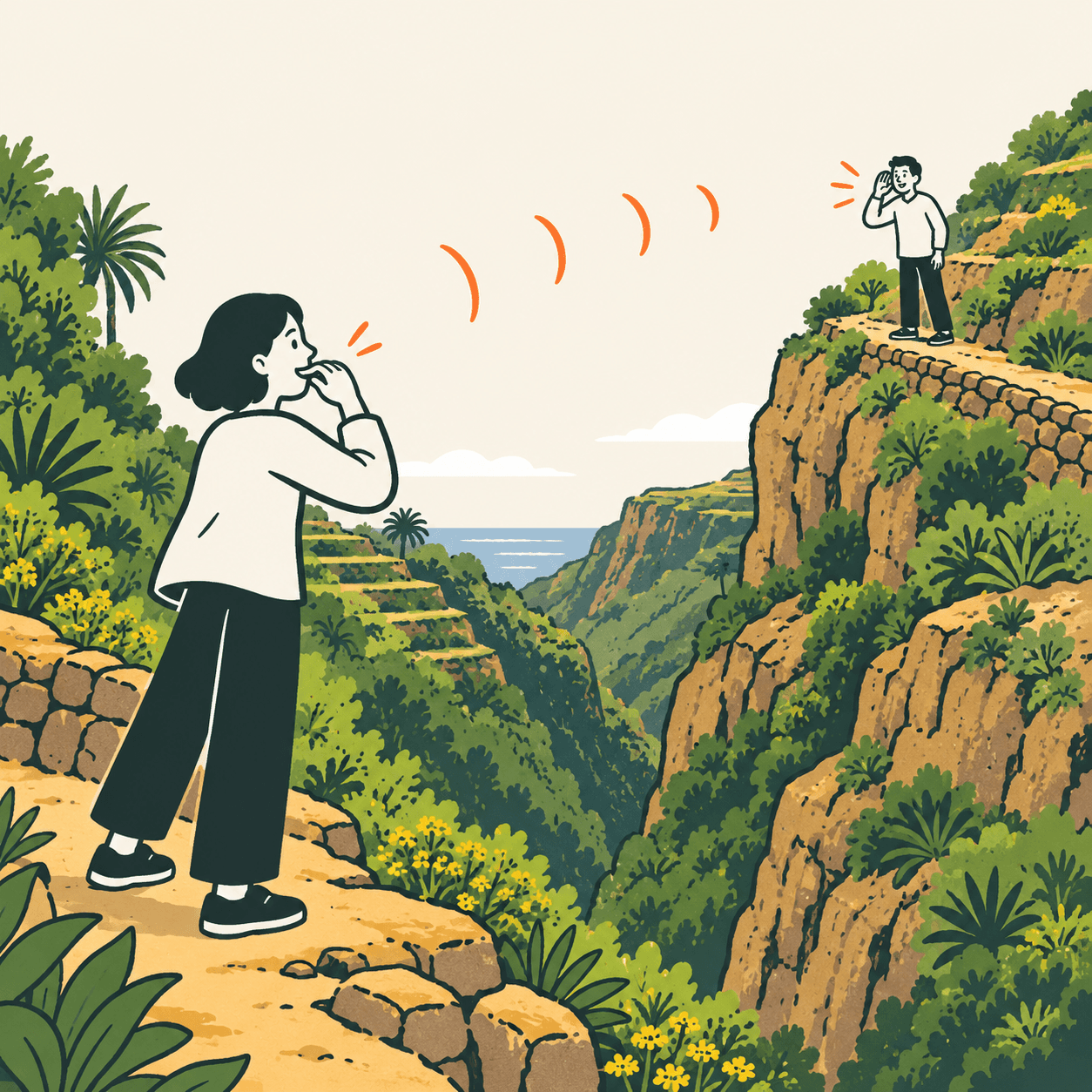 Due adulti in abiti quotidiani contemporanei comunicano fischiando attraverso un burrone illustrato di La Gomera; scena editoriale.