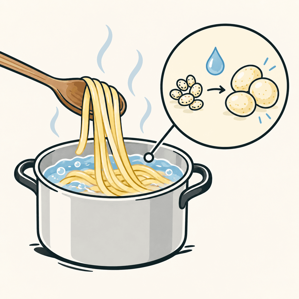 Illustrazione editoriale di spaghetti e granuli di amido ingranditi che assorbono acqua; il dettaglio è un modello, non una microfotografia.