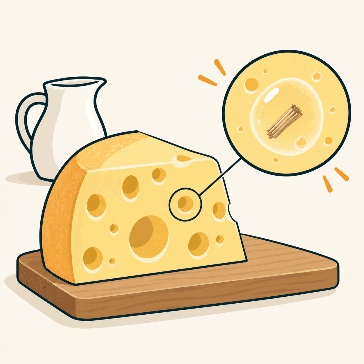 Illustrazione editoriale di una fetta di Emmental con cavità arrotondate e un dettaglio simbolico ingrandito di bolle e particelle di fieno, non in scala.