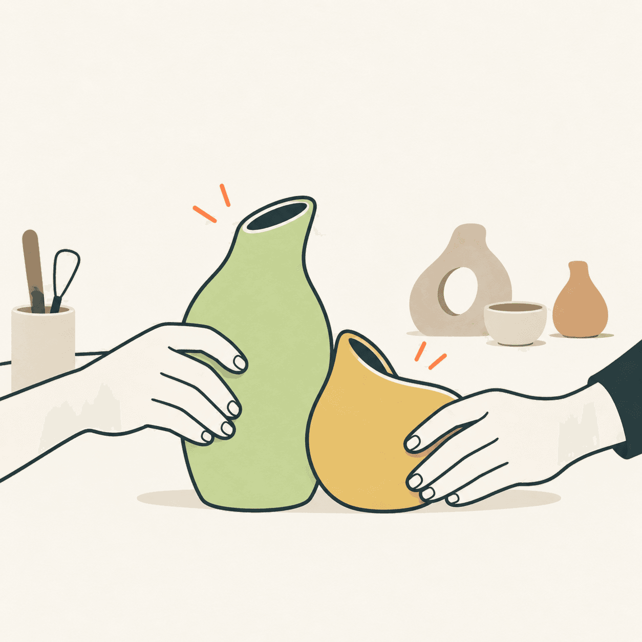 Interpretazione editoriale: mani accostano due piccoli recipienti ceramici dalle curve complementari, ispirati alla ricerca formale di Eva Zeisel.