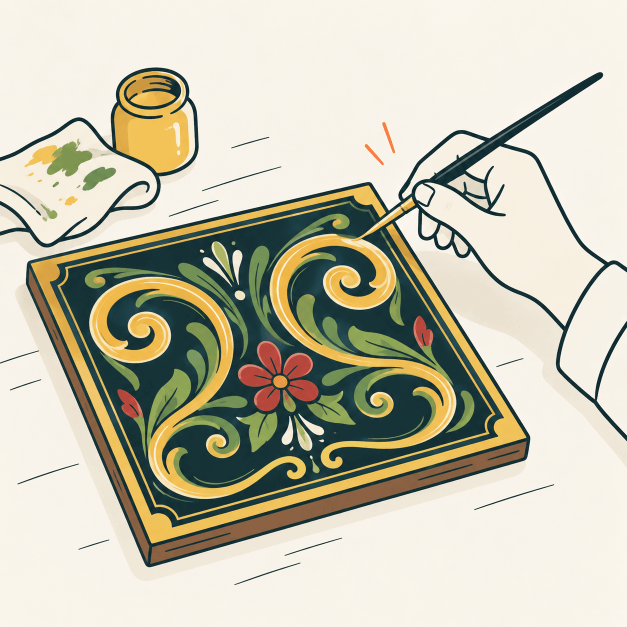 Interpretazione editoriale di una mano che dipinge volute e fiori su un pannello ispirato al fileteado porteño; non riproduce un’opera storica.