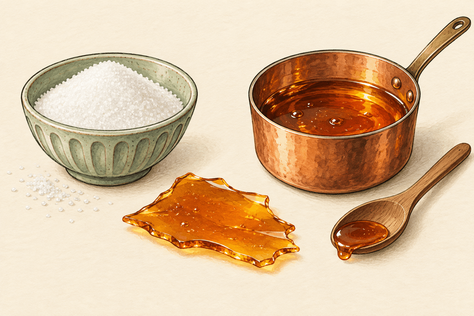 Un bol de sucre blanc près d’une petite casserole de caramel ambré : illustration éditoriale d’un ingrédient et de sa transformation.