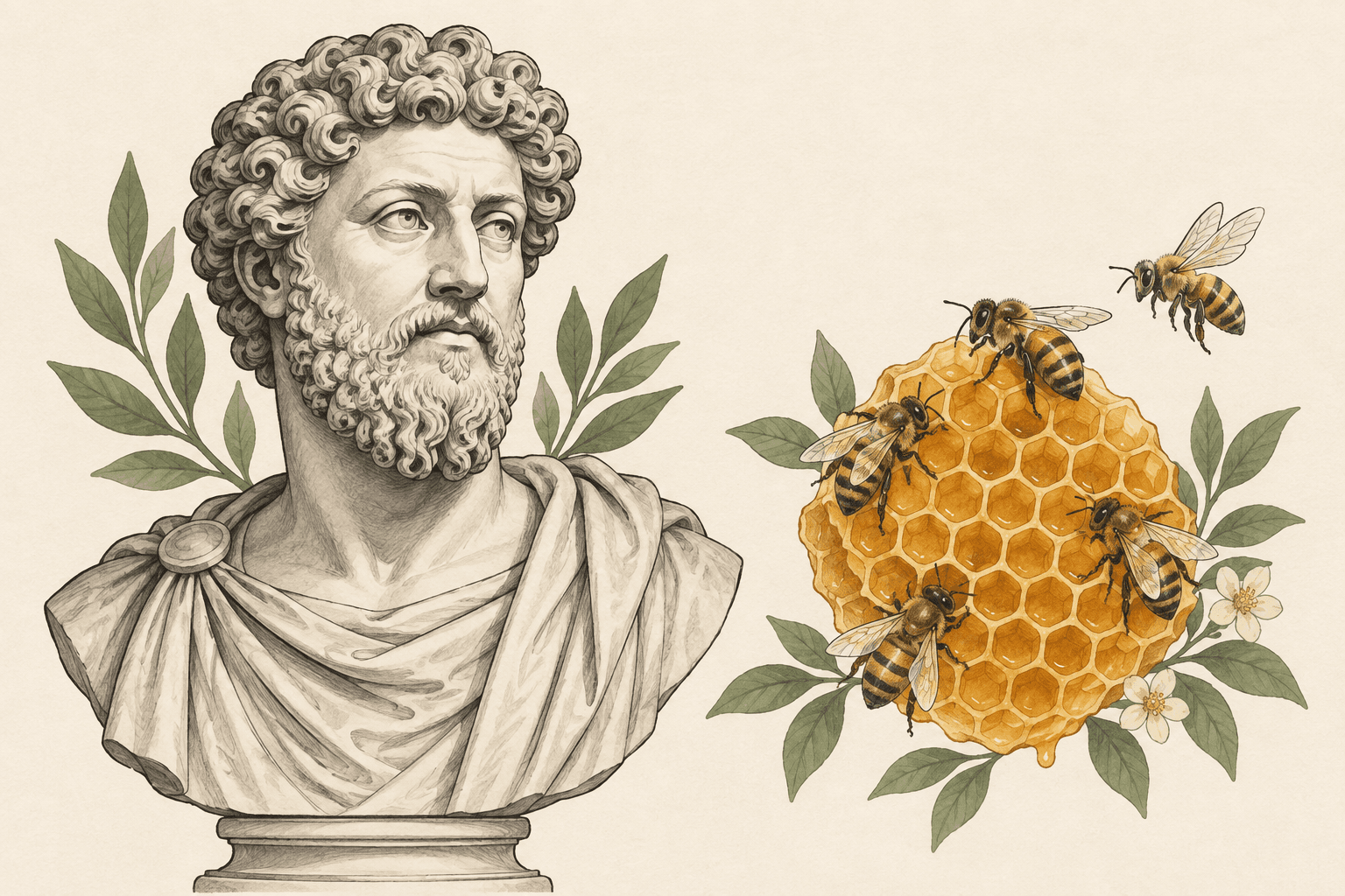 Un buste de Marc Aurèle près d’un rayon de miel et de plusieurs abeilles : illustration éditoriale de sa métaphore du bien commun.