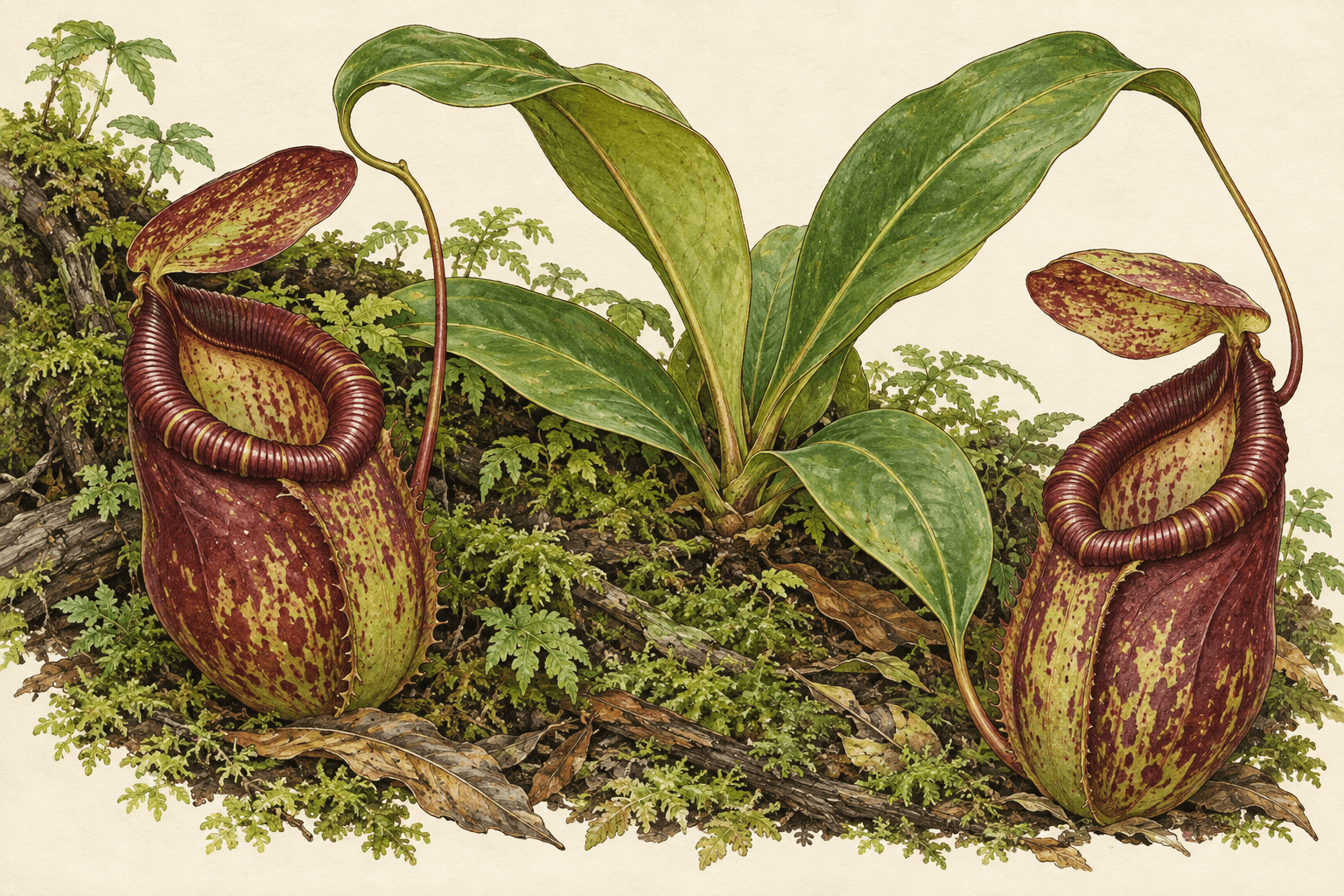 Nepenthes rajah aux feuilles oblongues portant deux urnes rougeâtres : interprétation botanique éditoriale.