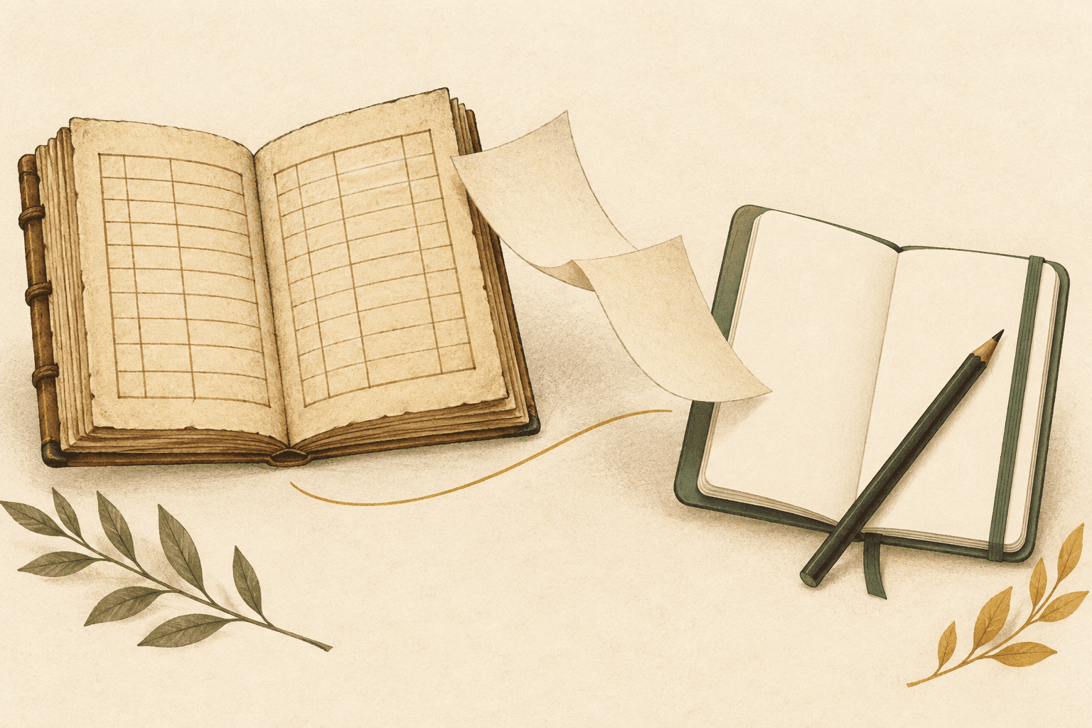 Un livre d’aspect ancien à grille vide près d’un carnet : métaphore éditoriale de l’histoire du mot italien taccuino.