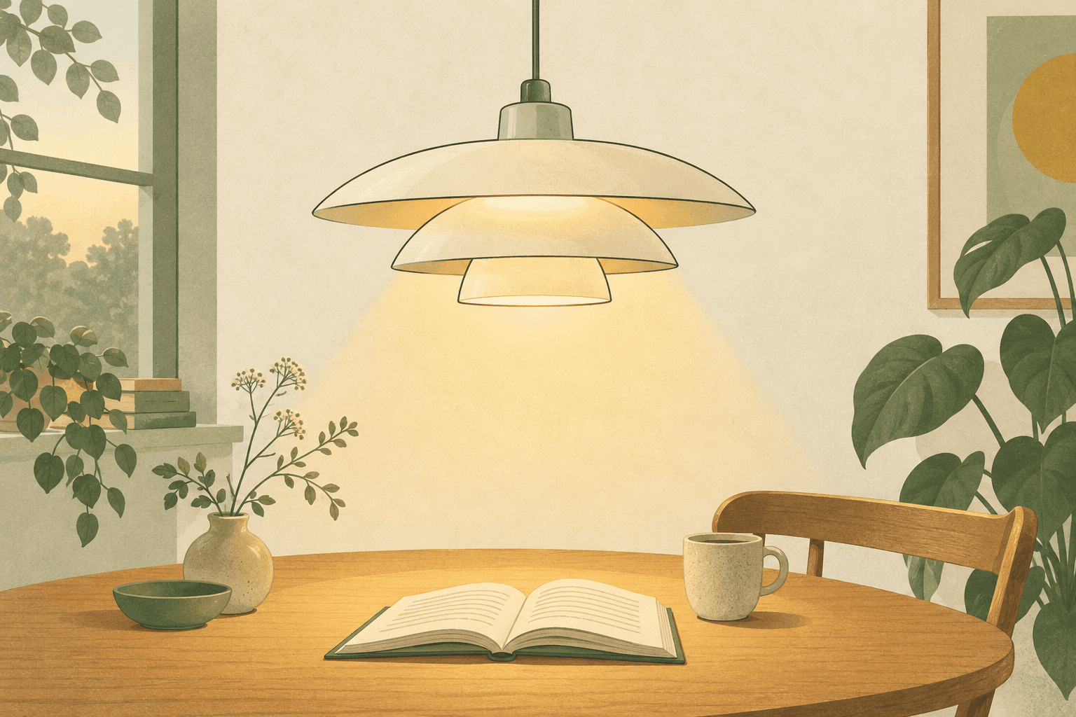 Une lampe à trois abat-jour superposés au-dessus d’une table et d’un livre : interprétation éditoriale du principe de Poul Henningsen.