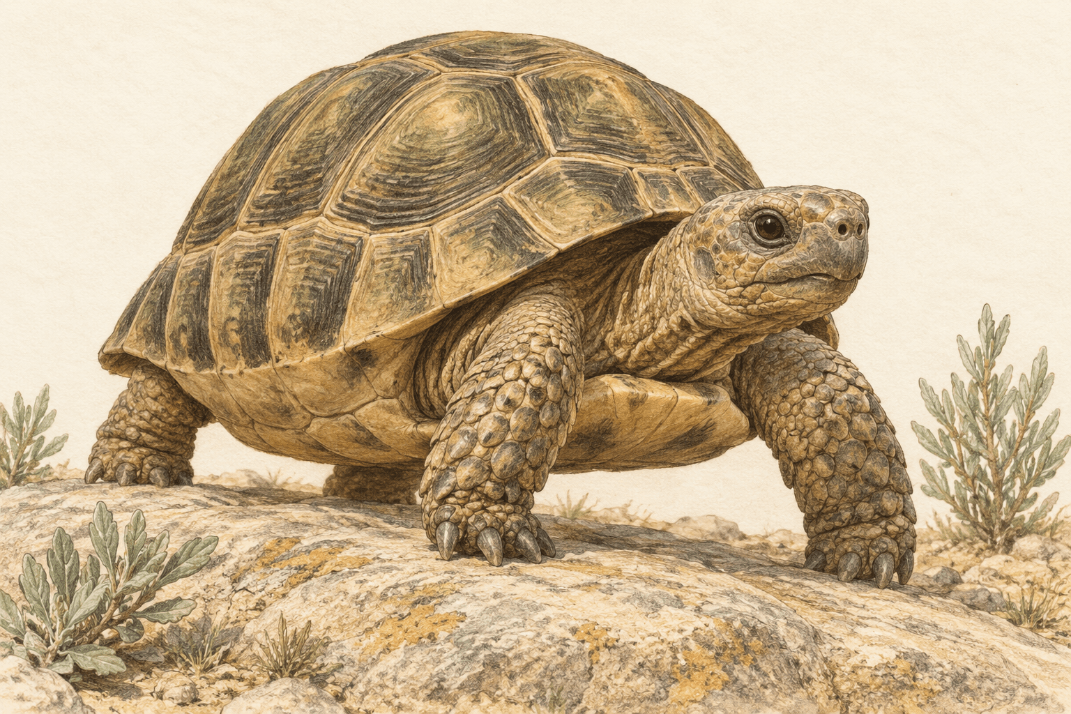 Une tortue terrestre vivante et intacte, dont la carapace est bien visible, dans une illustration éditoriale naturaliste.