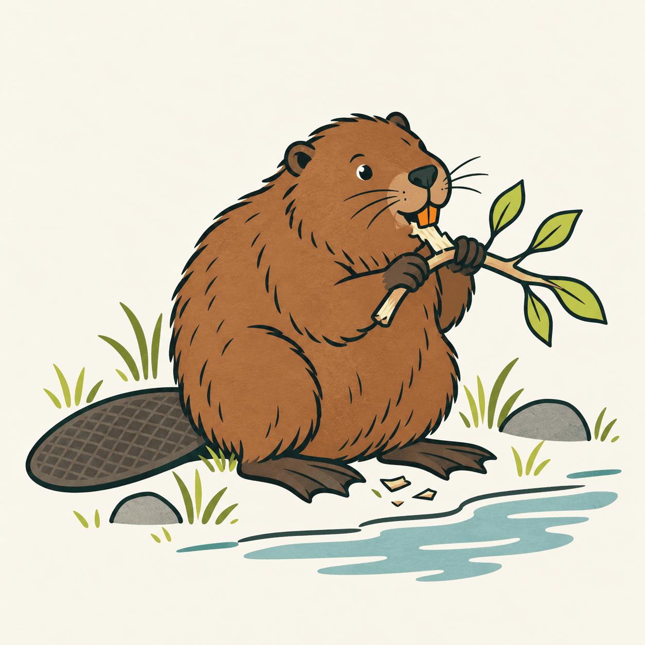 A stylised North American beaver with a broad flattened tail, webbed hind feet and two orange upper incisors gnawing a branch.