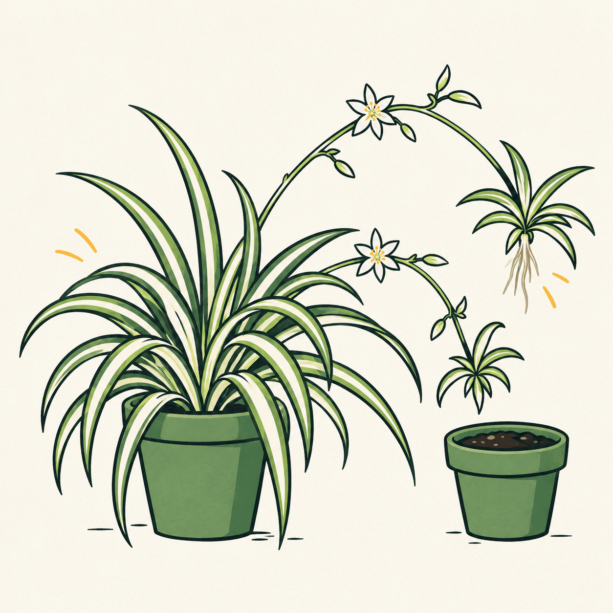 Chlorophytum comosum “Vittatum” with narrow leaves bearing pale central stripes, white flowers and small rooted plantlets on slender stems.