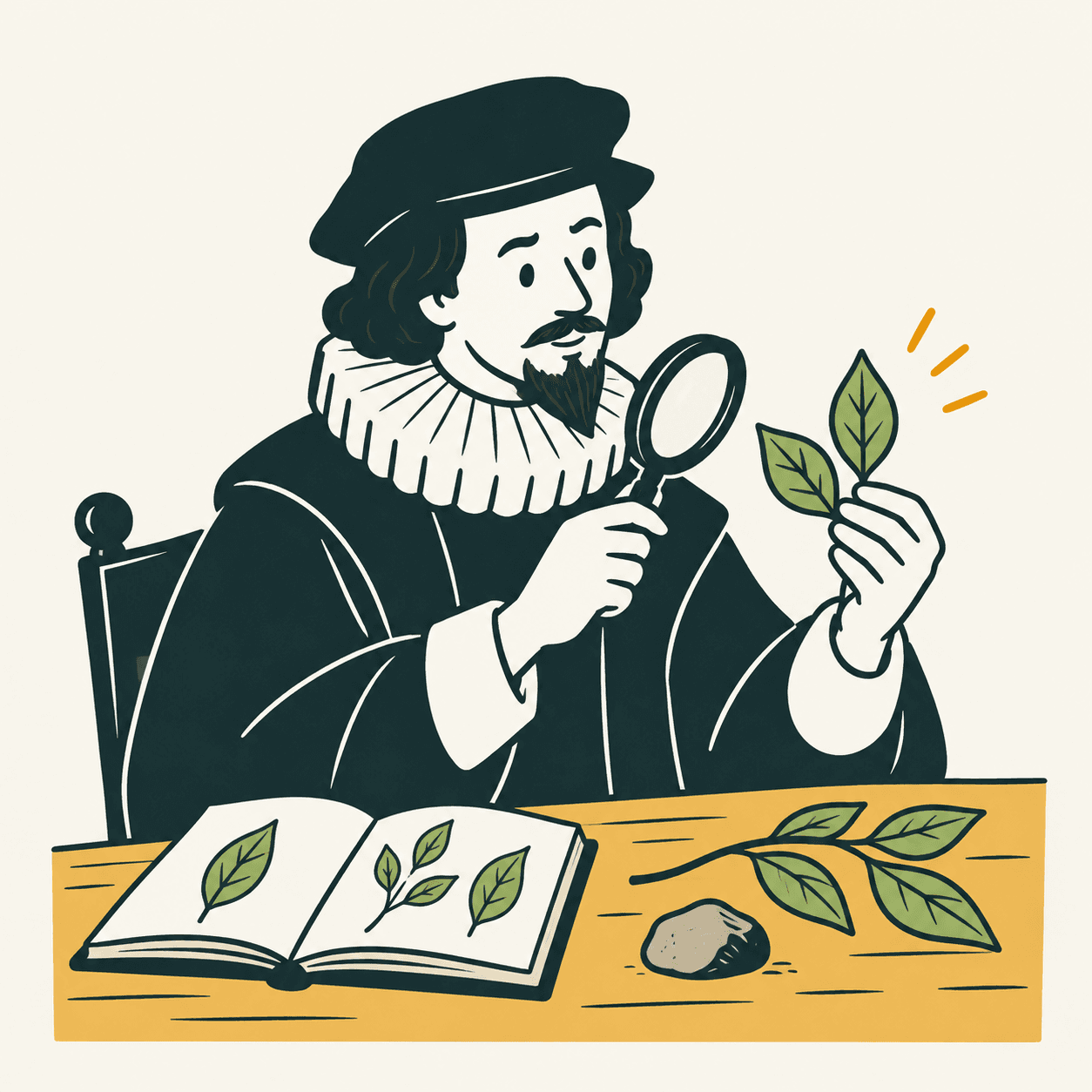An editorial interpretation of Francis Bacon with a ruff, magnifying lens and leaves: a symbolic observation scene, not a reconstruction of a documented event.