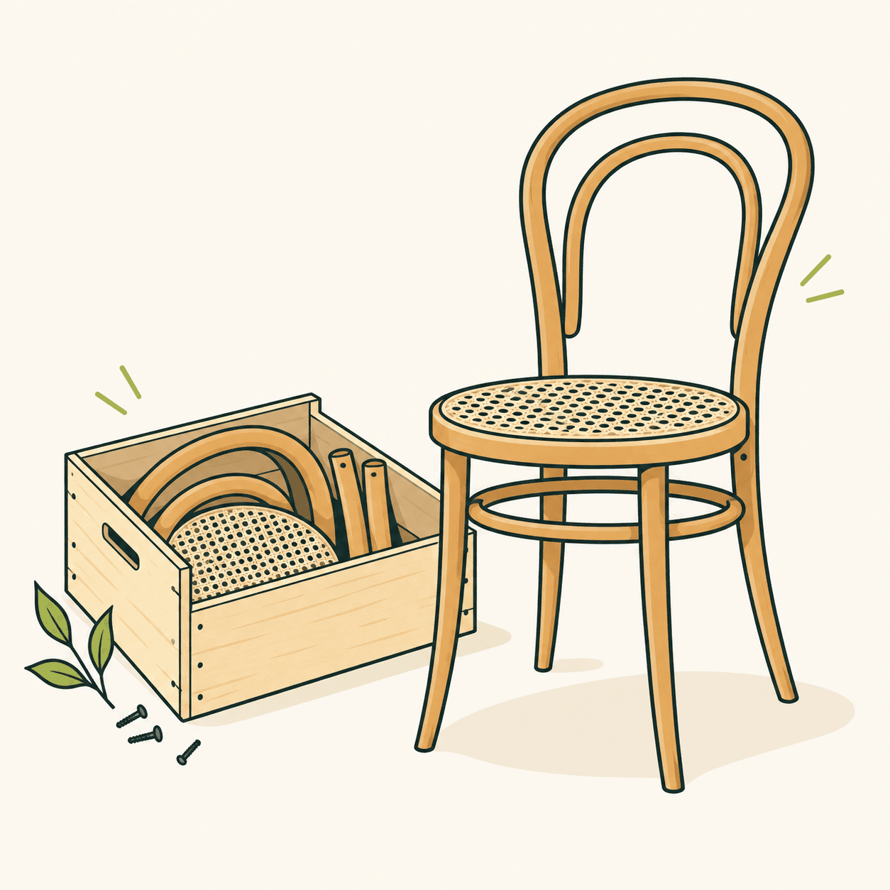 Editorial interpretation of Thonet’s No. 14 chair, with a cane seat, four legs and bent wood, beside a crate containing schematic components.