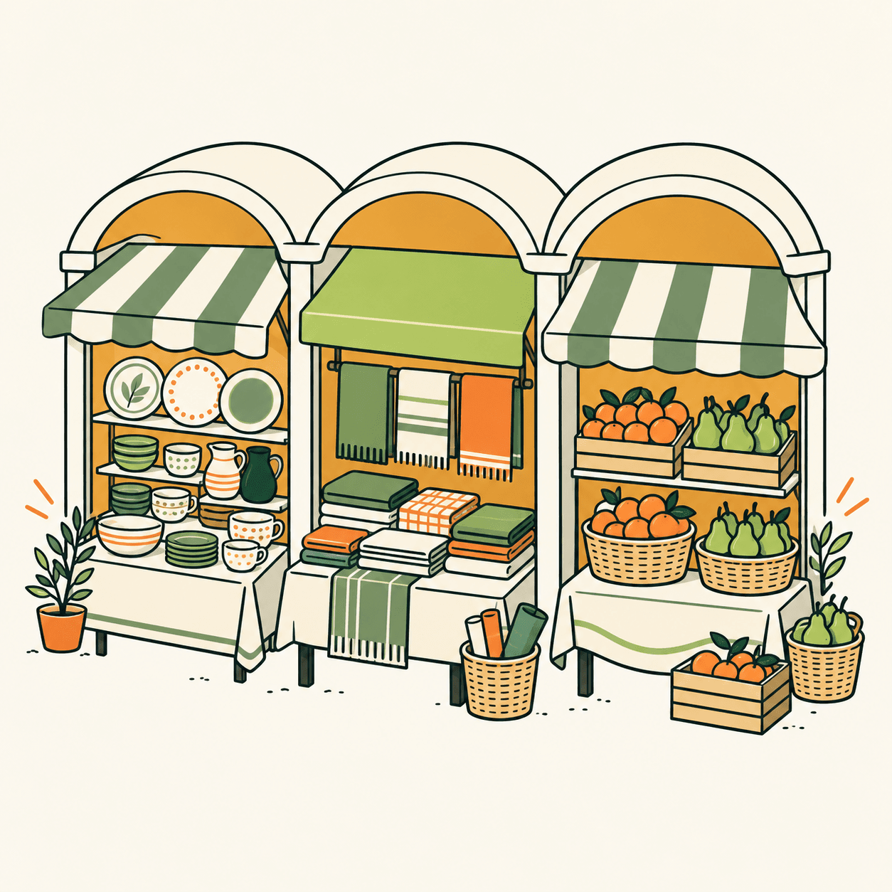 Three orderly stalls with crockery, textiles and fruit: a conceptual bazar illustration that does not represent a specific geographical market.